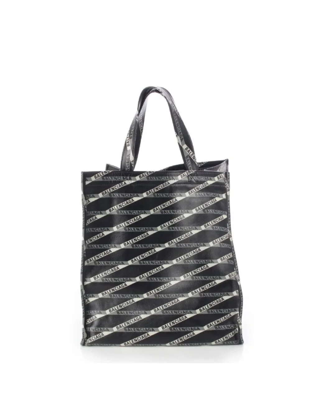 Balenciaga Calf Paper Leather Logo Striped All Over Pattern Tote Black